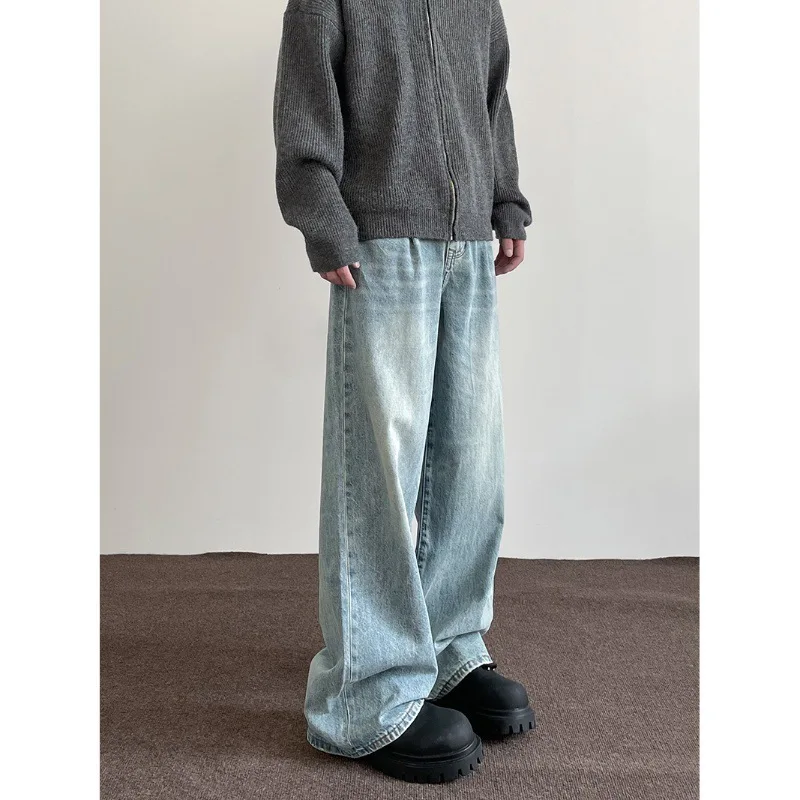 

Men's Streetwear Washed Blue Wide Leg Jeans Male Comfortable Washed Loose Straight Denim Pants