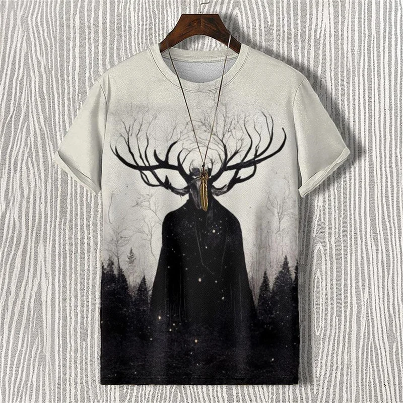 Demon Deer Dog Pattern T Shirt For Men Retro 3D Printed Tee Summer Casual Short Sleeve Oversized Street Round Neck Tops T-Shirts