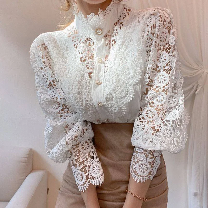 2024 Korean New Vintage White Lace Blouse Shirts Women Button Loose Shirt Tops Female Hollow Casual Ladies Blouses Blusas 12419