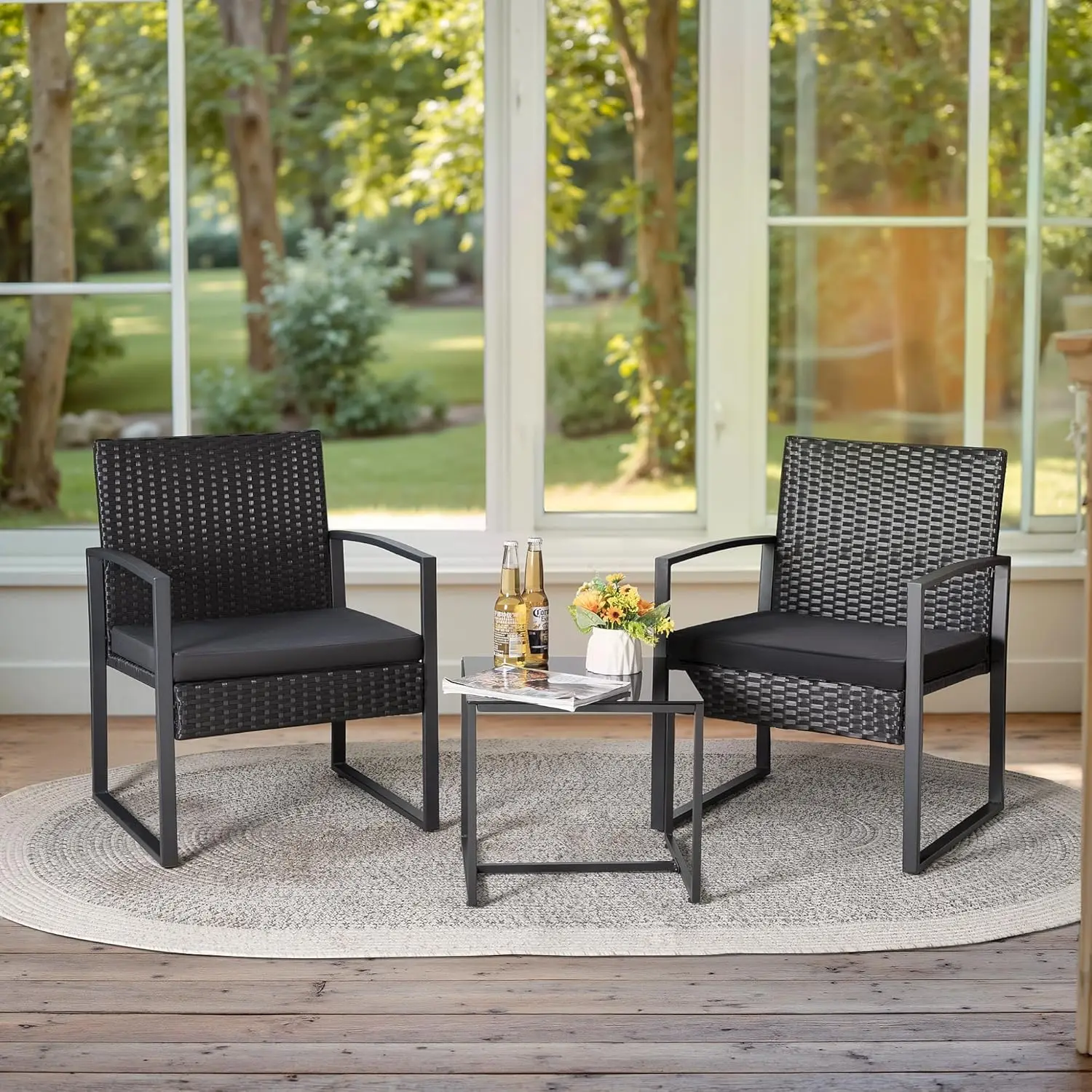 [New Arrival!]3 Piece Wicker Conversation Bistro Sets Outdoor Patio Set Modern Rattan Chair Furniture Sets with Coffee Table for