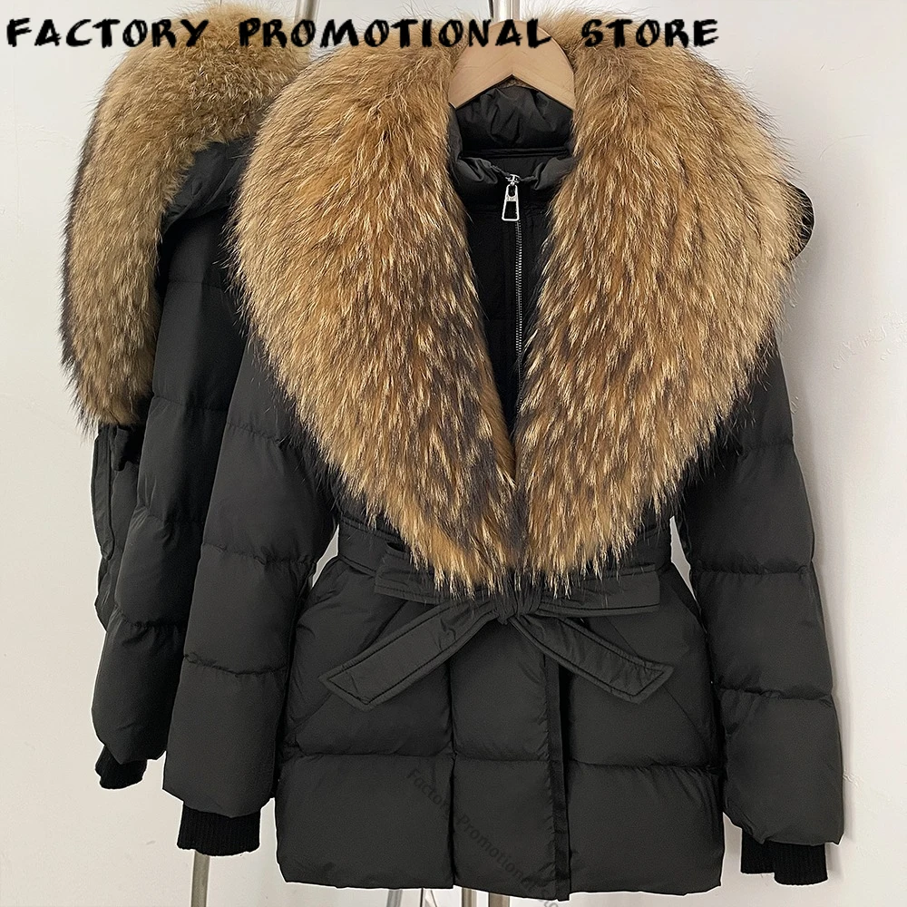 Women's Down Coat Soft Fluffy Fur Collar Jacket Hooded Belted Ultra Warm Elegant Sophisticated Winter Swear for City Fashion