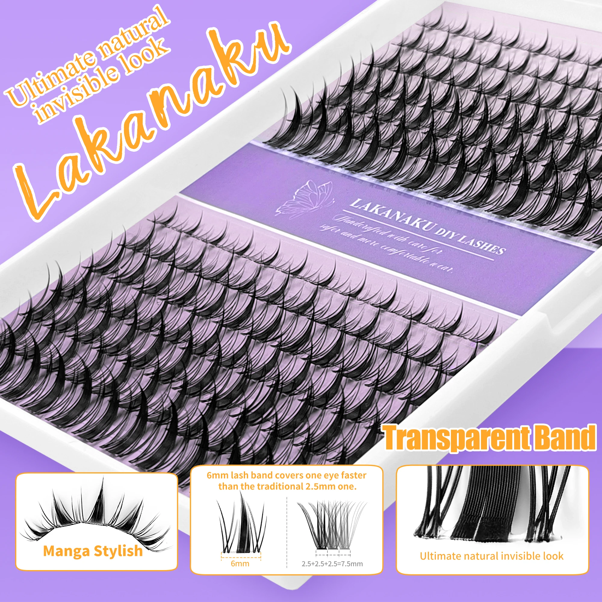 LAKANAKU Transparent Band Diy Manga Cluster Lashes Segment Individual Fairy Cluster Eyelash Natural 168 Fans