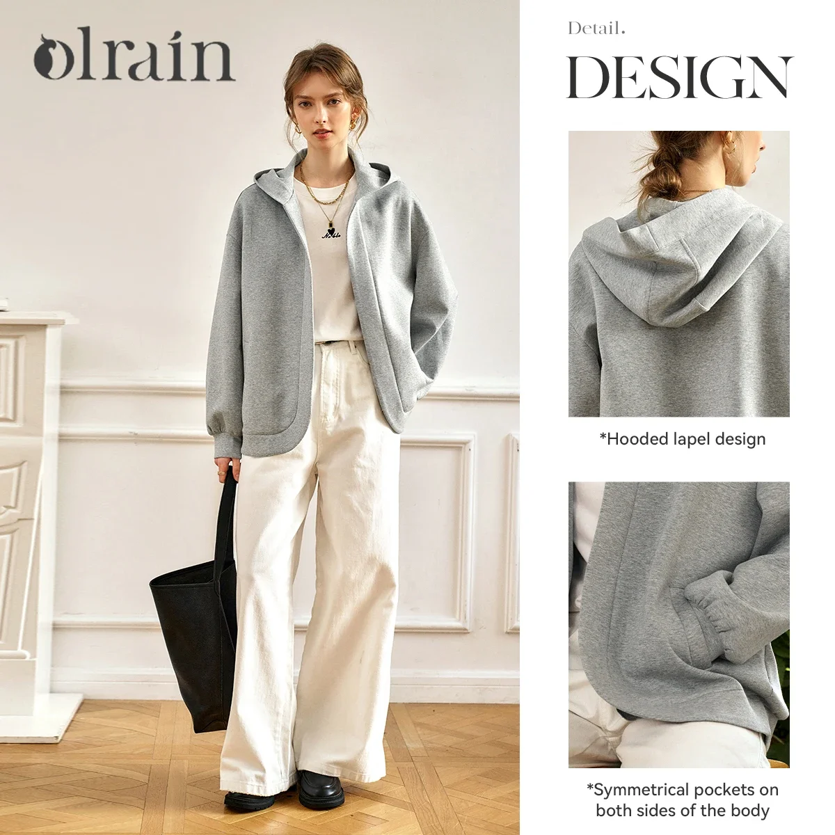 OLrain 女性パーカーオーバーサイズスポーティ秋 2025 カジュアル長袖トップスグレーポケット長袖女性スウェットシャツ GM57CW96002