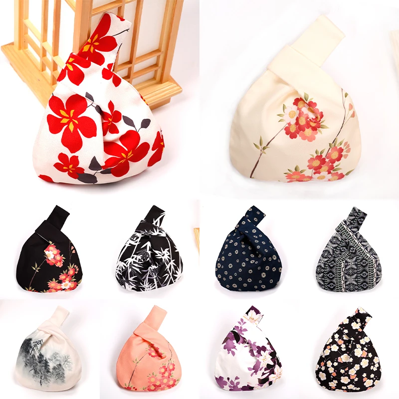 

Fashion Print Knot Wrist Bag Japanese Women Mini Portable Tote Handbag Girls Hanfu Simple Purse Shopping Phone Key Folding Bags