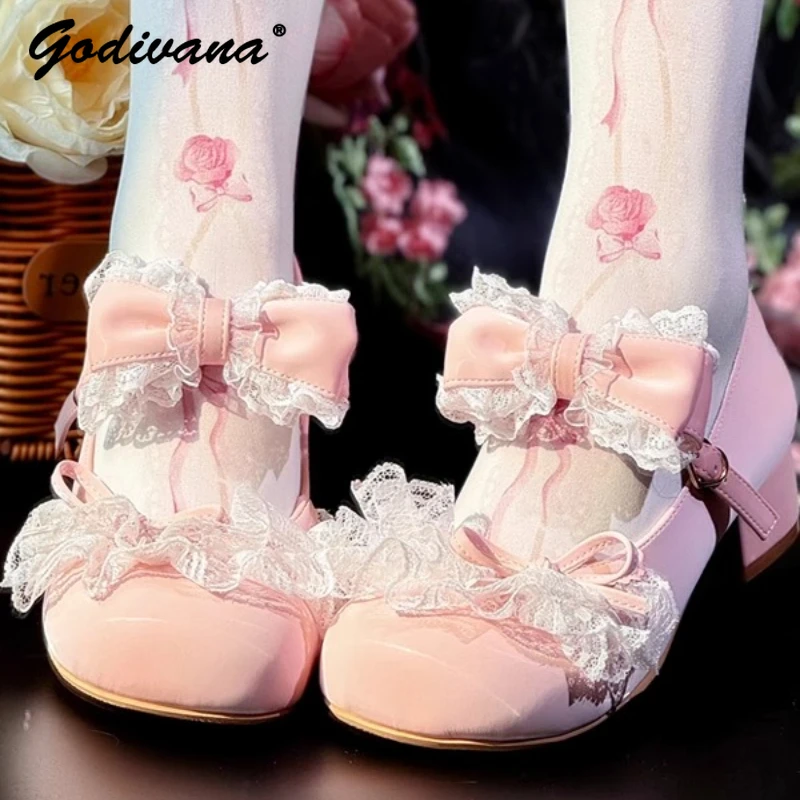 

Original Girls Lace Bow Mary Jane Shoes 2025 New Spring Sweet Pink Blue Low Heel Shoes Lo Women's Leather Shoes