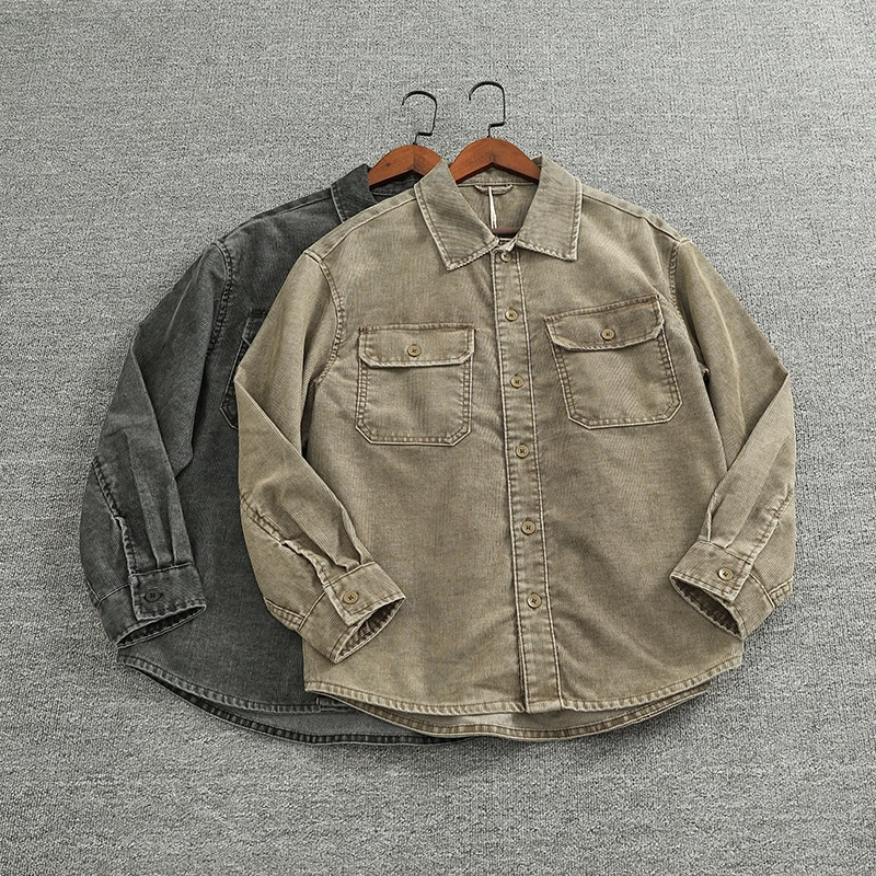 

Heavyweight Washed Corduroy Work Shirt | Vintage Distressed Texture | Multi-Pocket Utility Shacket Plus Size 4XL Autumn
