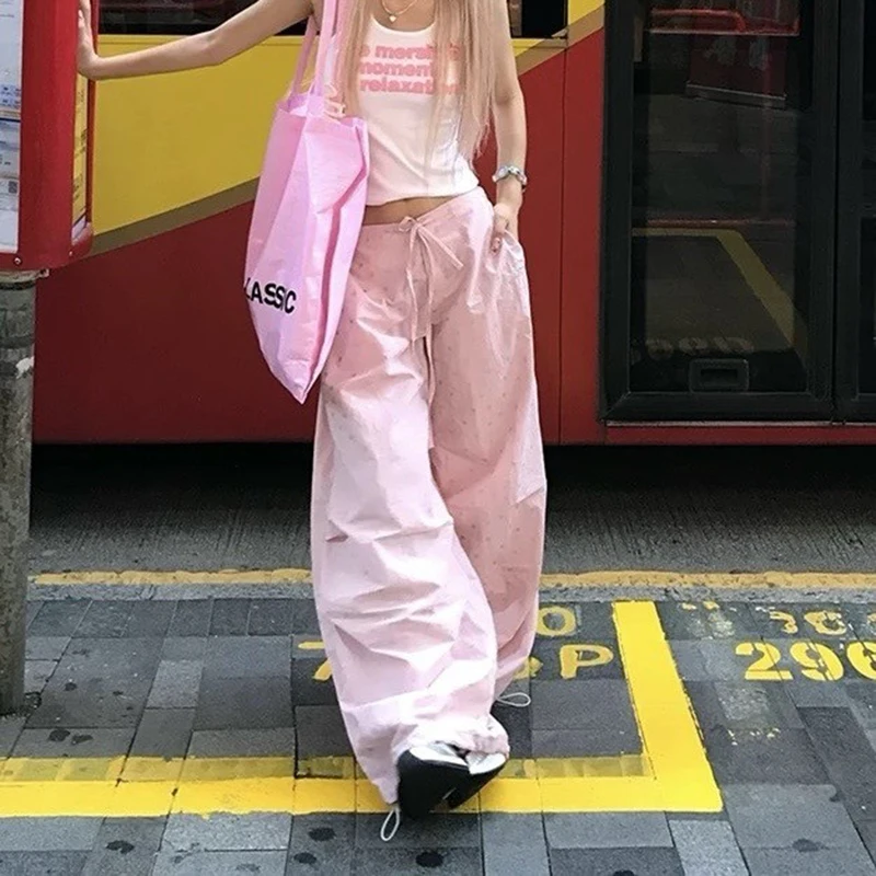 Y2K ピンクカーゴパンツ女性ストリートスタープリントだぶだぶのスウェットパンツギャル原宿ワイドレッグジョガー夏のファッションカジュアルズボン