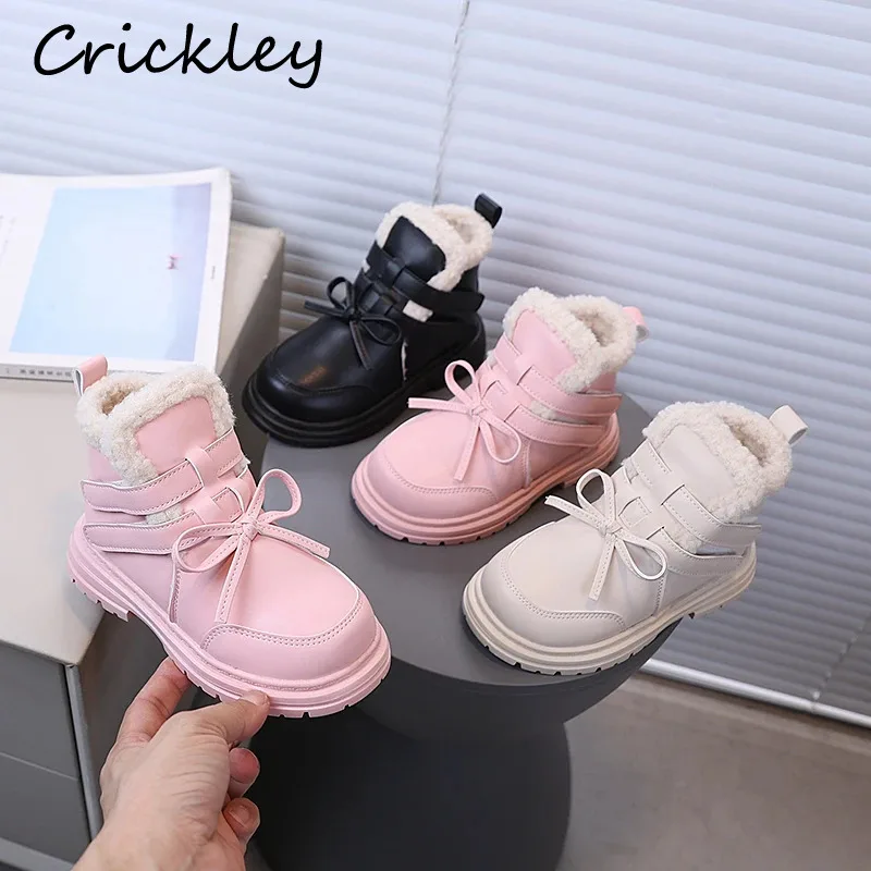 

Winter Bow Girls Princess Shoes Solid PU Leather Children Fashion Boots Plush Warm Hook Loop Soft Sole Toddler Kids Boots