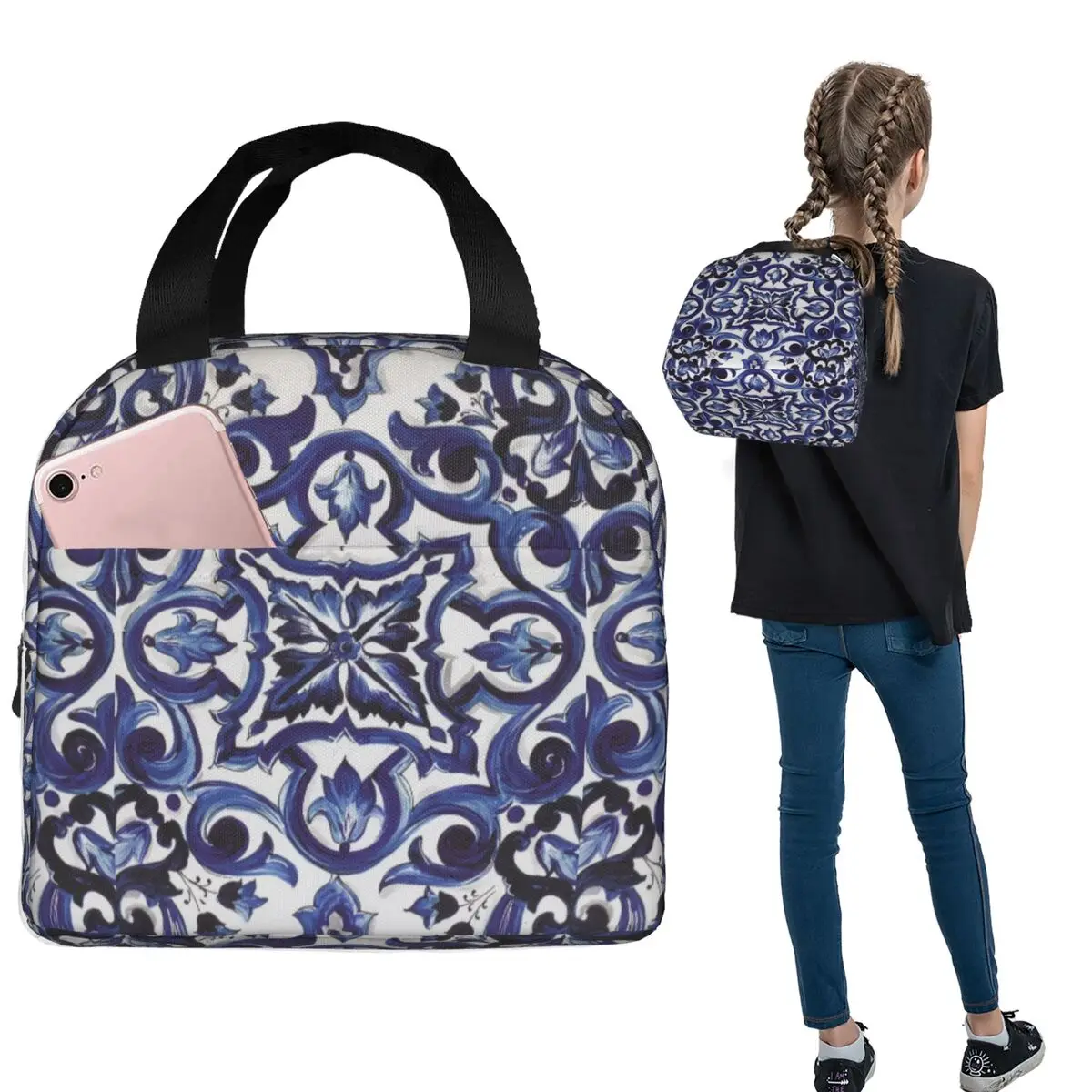 Blaue, verzierte, florale, mediterrane, sizilianische Fliesen-Isoliertasche für Damen und Kinder, Lebensmittelboxen, Thermo-Lunchbox-Tragetasche