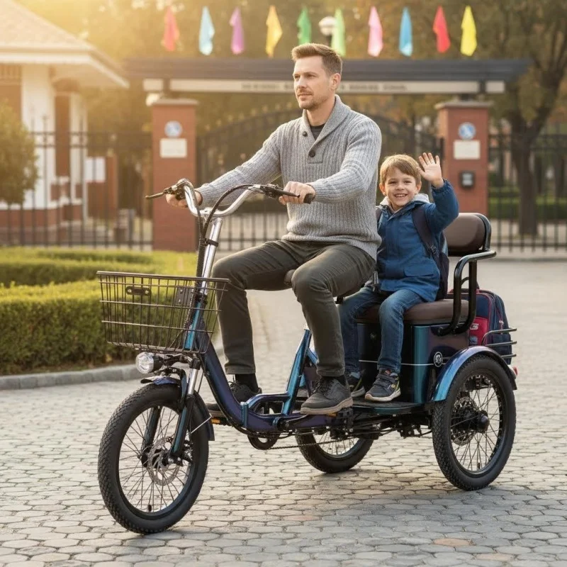 650W48V 3-Rad-Elektrofahrrad für Senioren mit Beifahrersitz, 18 Zoll faltbares Elektro-Dreirad, 2-Sitzer-Elektrofahrrad mit Korb