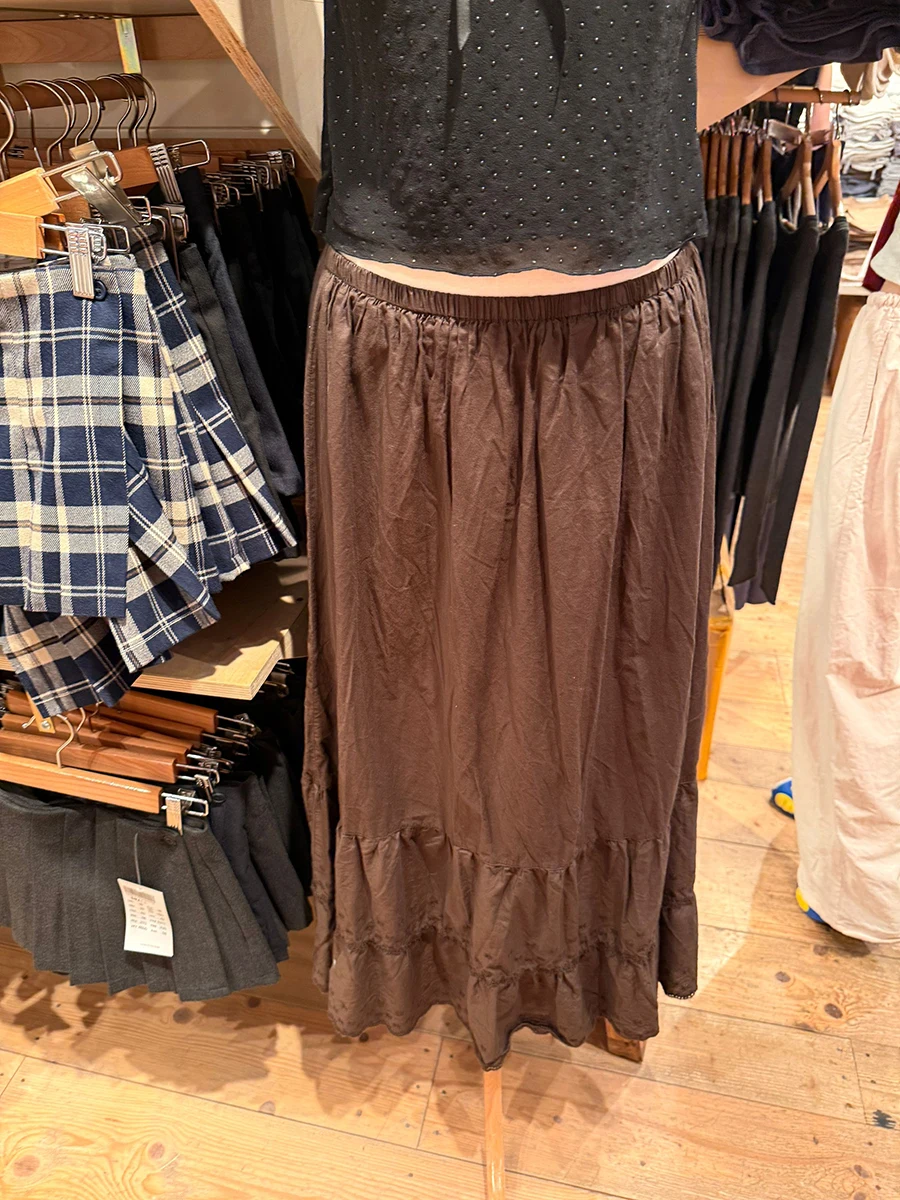 

Lace Trim Embroidery Brown Long Skirt Women Summer Elastic Waist Casual Chic A-line Faldas Preppy Style Vintage Maxi Skirts New