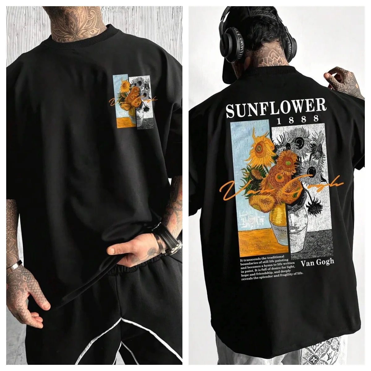 Men's Casual Graphic Tee, Van Gogh Sunflower Painting Digital Print Design, Loose Fit Crew Neck Pullover T-Shirt