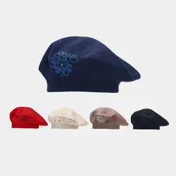 Fedoras Women Retro Stamping Drill Small Flowers Knitted Bud Cap Literary Small Fresh Fashion Painter Cap  Winter Beret Hat