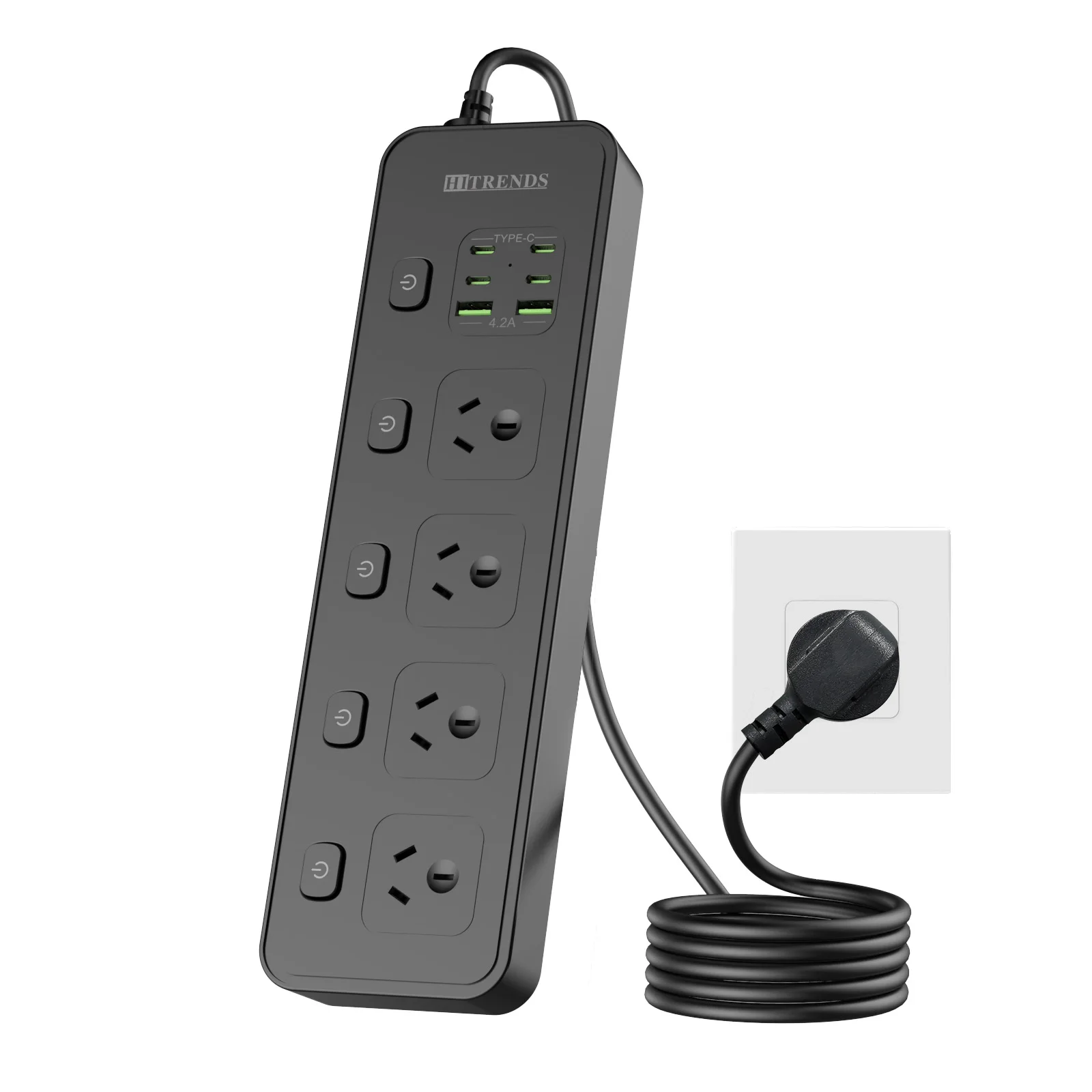 HITRENDS AU Plug Power Strip with individual switch 4AC 6 USB port for Australia Outlet, 2M Extension Cord for Home