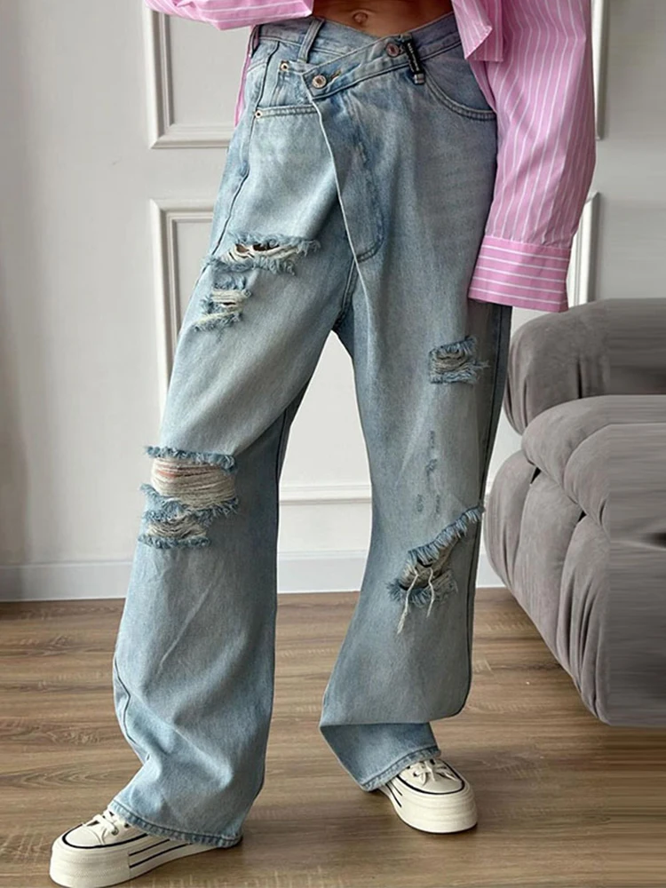 Women's Distressed Ripped Hole Straight Leg Denim Jeans Pant Asymmetrical High-Waist Design Hip Hop Streetwear Trendy Trousers