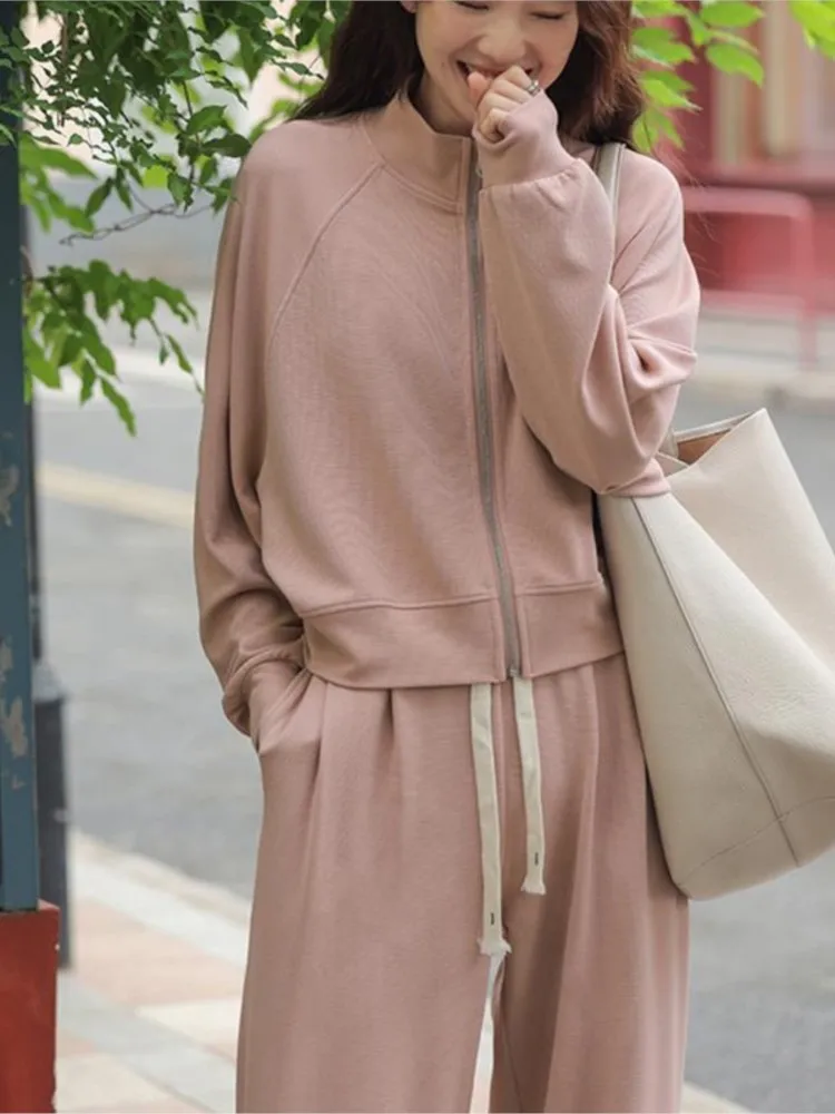 Solid Color Zipper Cardigan Jacket Two-piece Set Woman Spring Fashion Standing Collar Short Top Wide-leg Pants Suit Lady Outfit