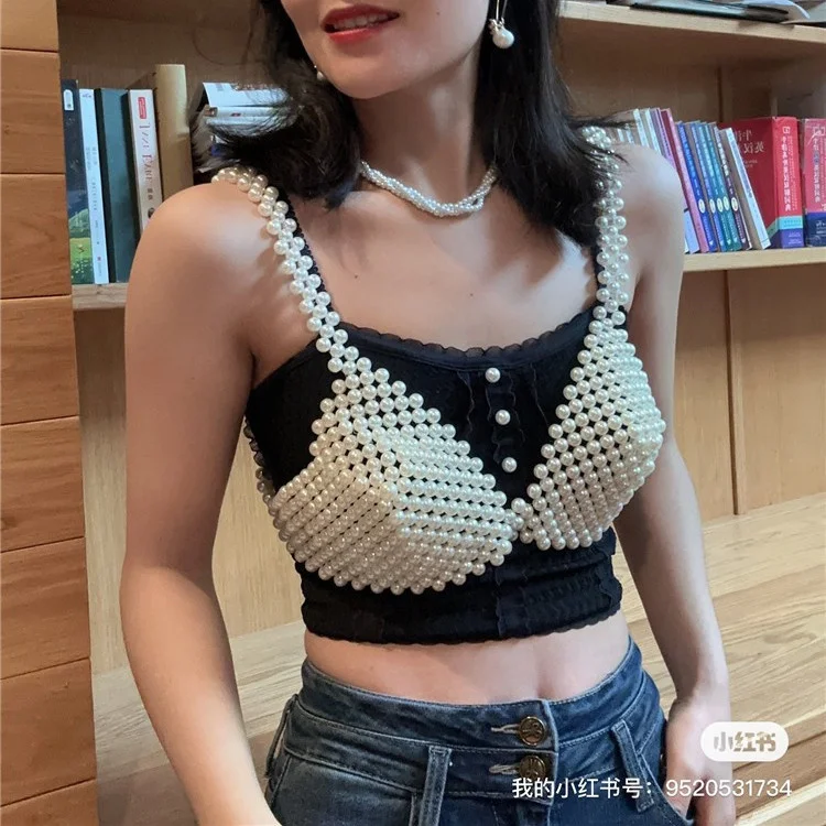 

Bling Vest Top Bikini For Women Sexy Crop Fashion Trend, Artificial Pearl Beading, Bra Suspender Tops