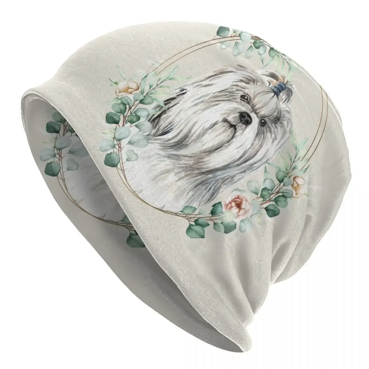 Shih Tzu Dog In Floral Gold Wreath Bonnet Hat Knit Hat Men Women Cool Unisex Adult Winter Warm Skullies Beanies Cap