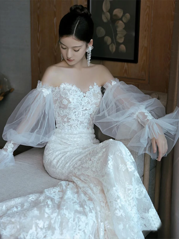 

Ele Lace Fi Tail Wedding Dr Korean Sle Outfit Super Fairy T Long Sve One oulder Luxury Gown for Guests