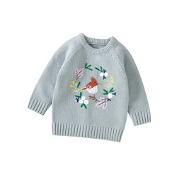high Class Embroidery Bird Print Baby Girls Long Sleeve O-neck Sweaters Skin-friendly Knitwear Infant Sweatshirt