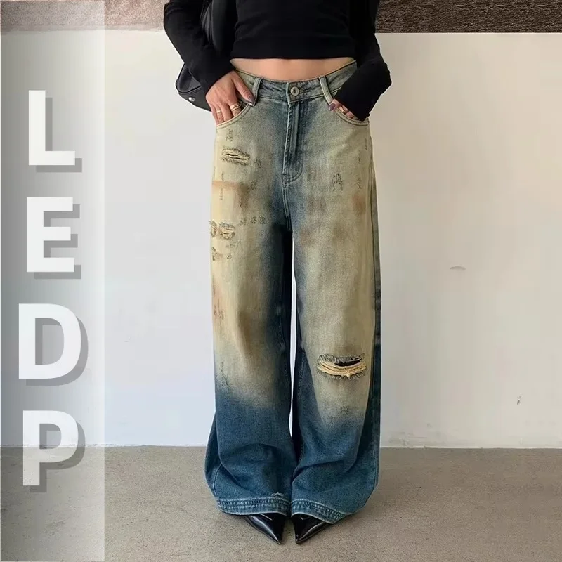 IMU Dirty Wash Women's Jeans Boyfriend Ombre Retro Ripped High Waist Casual Wide Leg Demim Pants Korean Y2k Streetwear