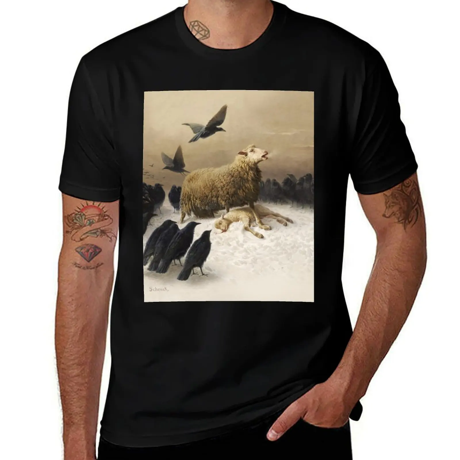 Anguish Angoisses fine art oil painting by August Friedrich Schenck 1878 Mother sheep ewe with lamb and black crows HD H T-Shirt