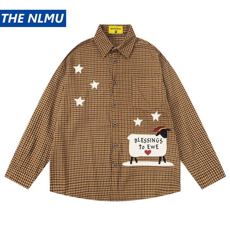 

2025 Autumn Plaid Shirt Men‘s Harajuku Sheep Embroidered Shirts Hip Hop Streetwear Long Sleeve Casual Button Up Blouse Tops