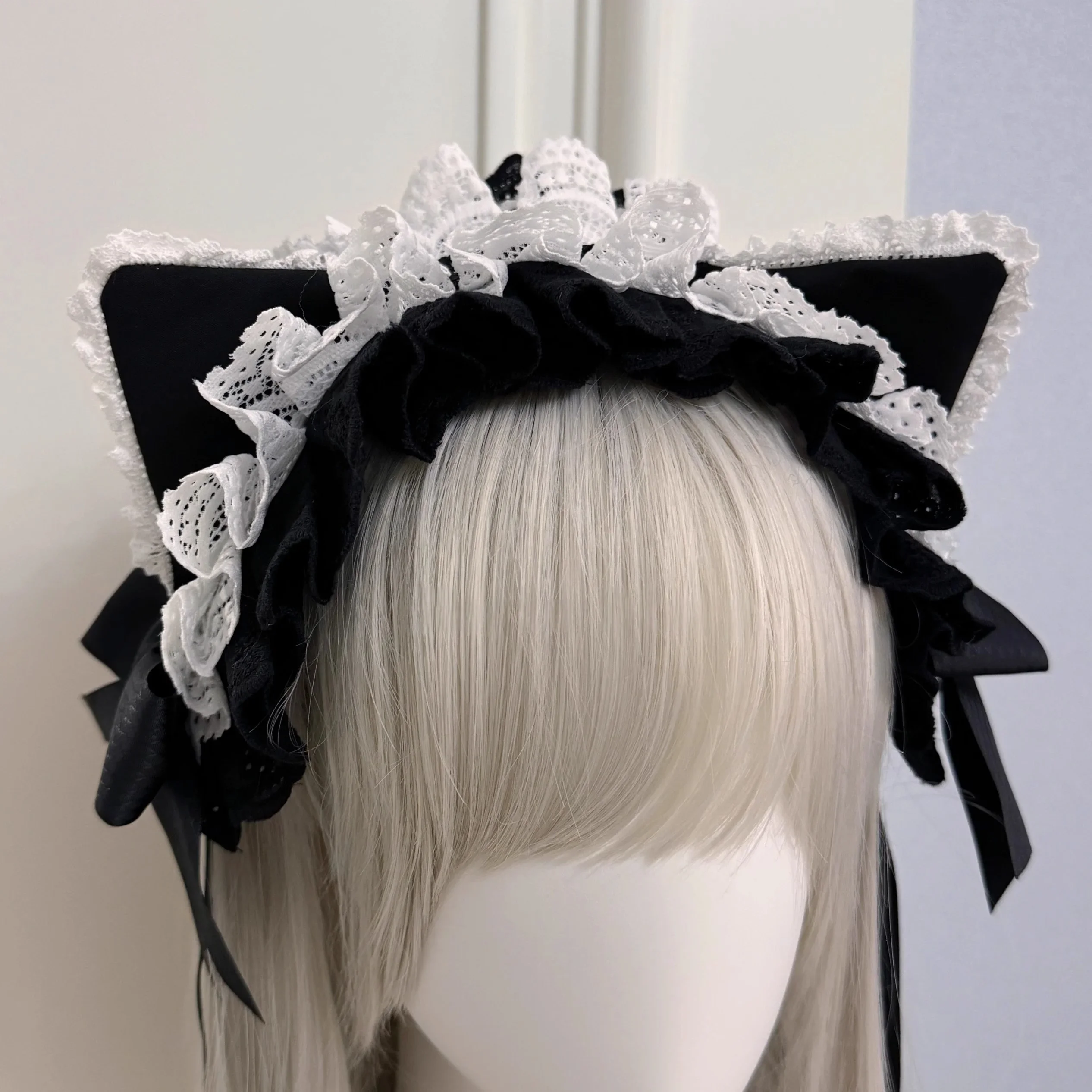 Nuovo fatto a mano Harajuku Lolita pizzo gatto serva fascia Y2K ragazza sottocultura gatto scuro orecchio copricapo KC cameriera accessorio per capelli carino