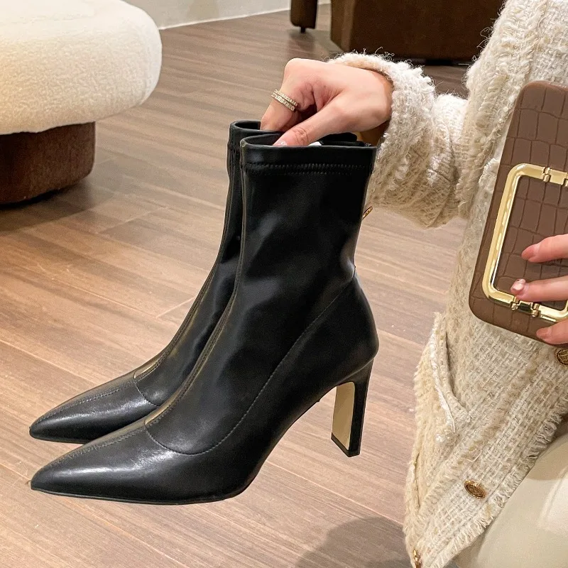 

Women's Stretch Ankle Boots Pointed Toe Chunky High Heel Sock Boots Elegant Slim Fit Short Booties for Autumn Winter Daily Wear