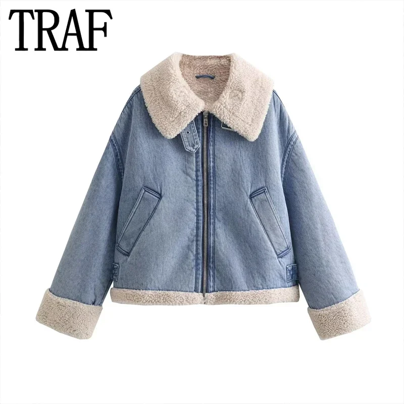 

TRAF Cropped Denim Plush Jacket Women Blue Fleece Jacket Woman Fashion Autumn Winter Biker Jacket Zipper Warm Short Coats