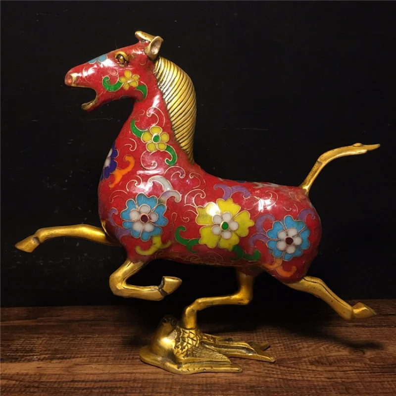 Antique Crafts Antique Copper Red Yellow Blue Multicolor Horse Stepping on a Flying Swallow Cloisonne Decorative Ornaments Antiq