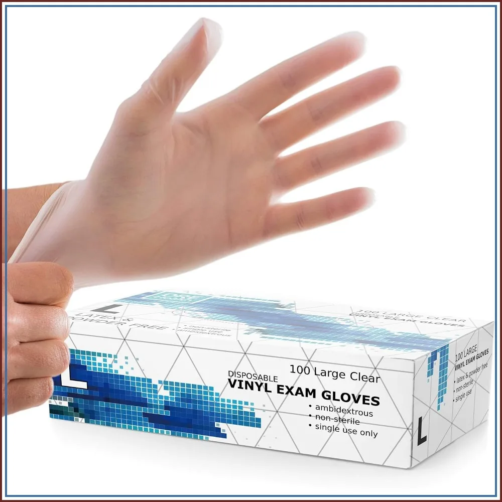 Large Vinyl Exam Gloves, 100 Pack, 4 Mil Thick, Latex-Free, Powder Free, Food Safe, Clear Disposable Gloves for Cooking, Cleaning, Meal Prep