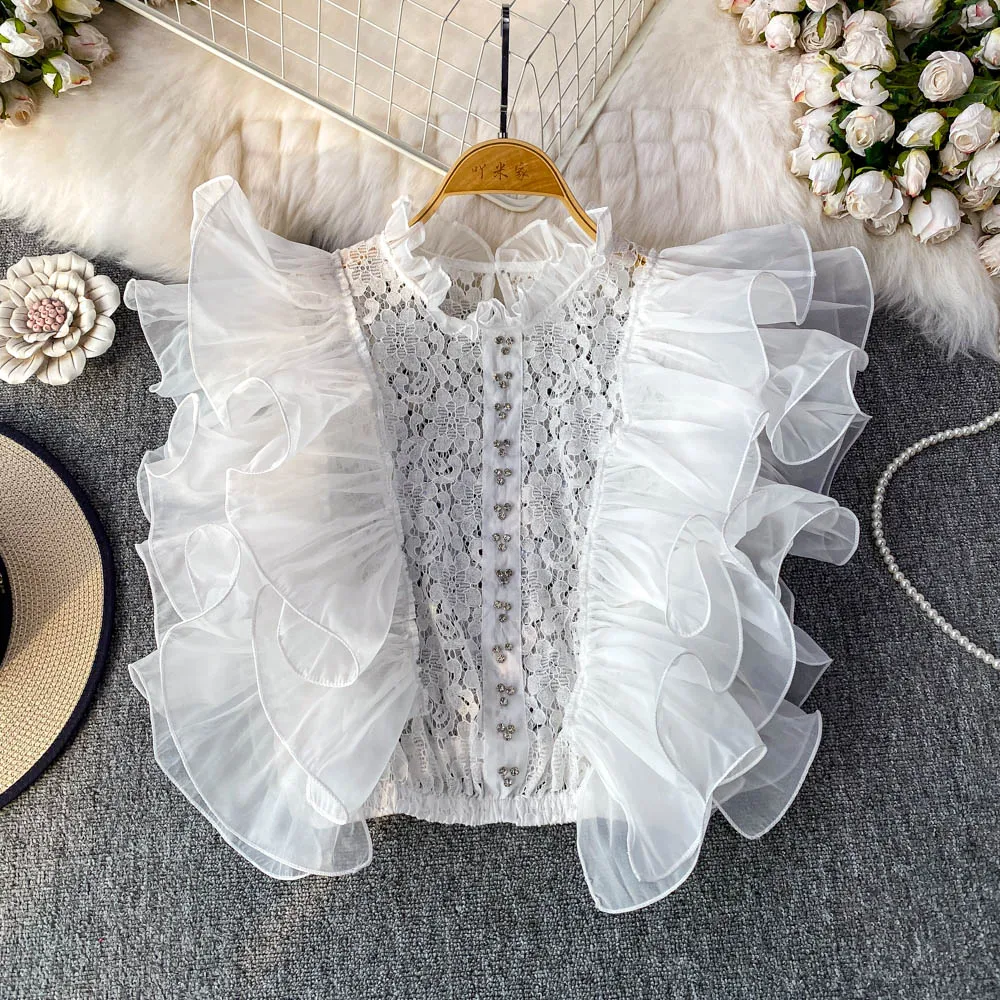 

Female Design Fairy Sweet Shirts Blouse Lady Summer Layers Ruffles Lace Patchwork Tops Elegant Sweet Trendy Dinner Banquets Tops
