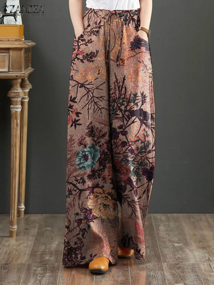 ZANZEA Women Vintage Floral Printed Wide Leg Pants Autumn Trousers Casual Elastic Waist Loose Palazzo Bohemian Holiday Pantalon