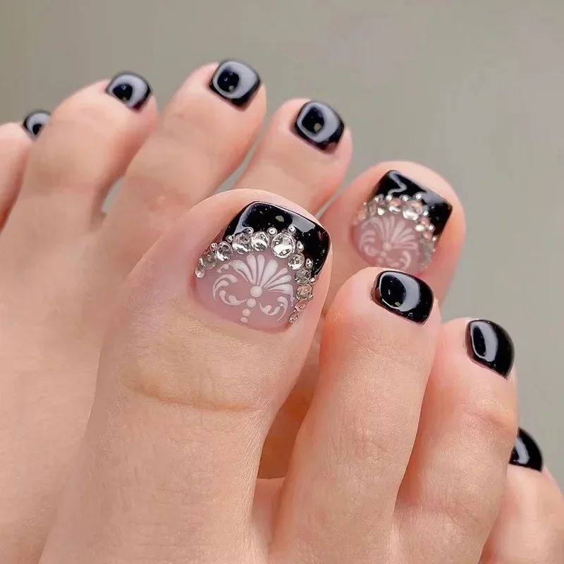 24pcs/set Glossy Black Floral French Tip Press-On Toenails with Rhinestones - Full Cover False Toe Nails for Women and Girls