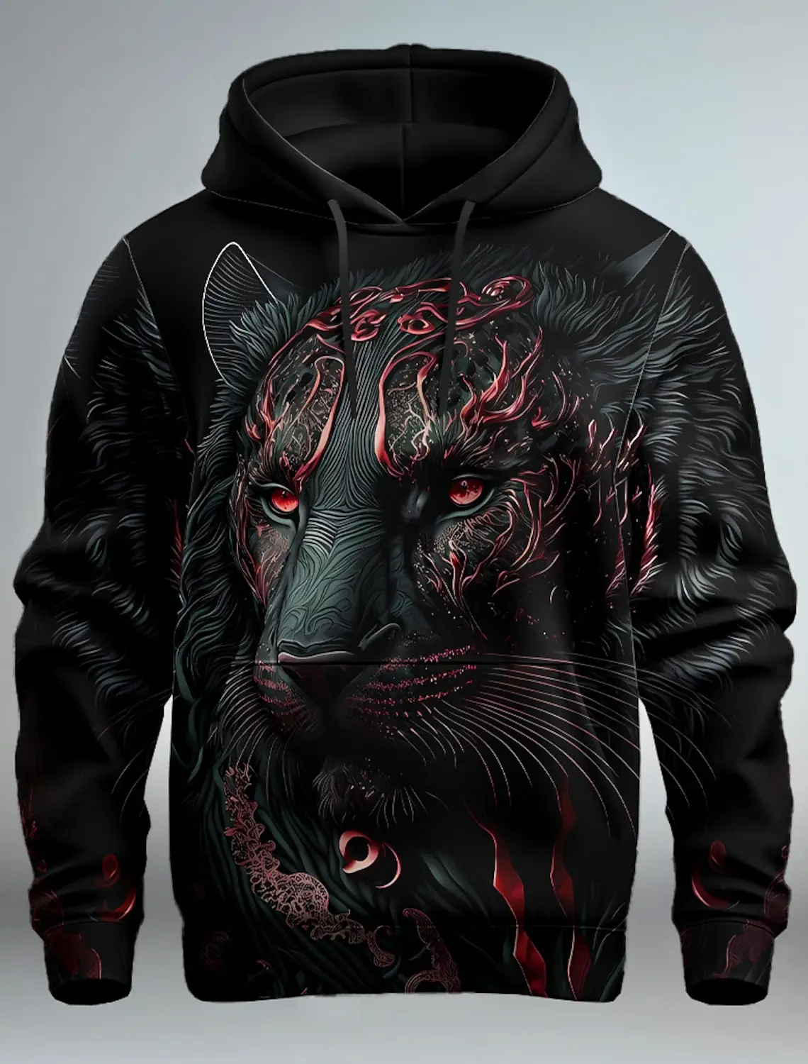 سويت شيرت بقلنسوة بطباعة ثلاثية الأبعاد للرجال من Lion Graphic بأكمام طويلة وقلنسوة وجيب أمامي وقلنسوة للربيع