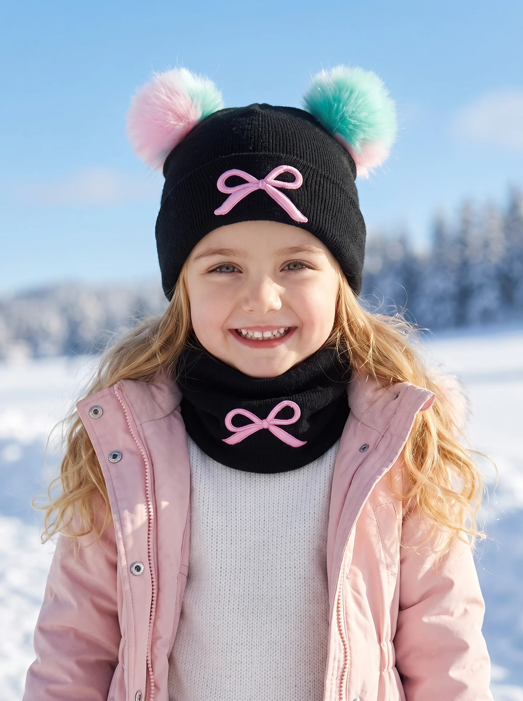2pcs 6-10Y Kids Girls Cute Color Pom Pom Knit Hat & Neck Warmer Set, Embroidered Bow 2Pcs Knitted Accessory Kit