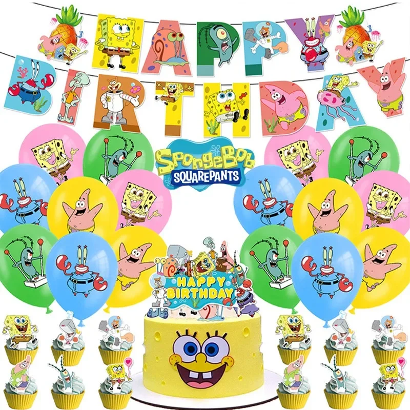 SpongeBob Birthday Party Decorations Disposable Tableware Set Cake Flag Balloons Cupcake Toppers Kids Holidays DIY Decorations