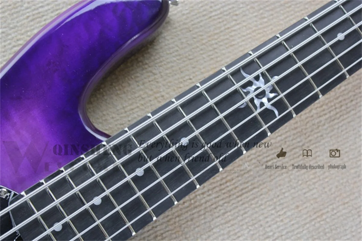 5 Strings Bass Guitar Ray Bass Purple Basswood Body Squilted Maple Veneer  Active Battery Chrome Bridge