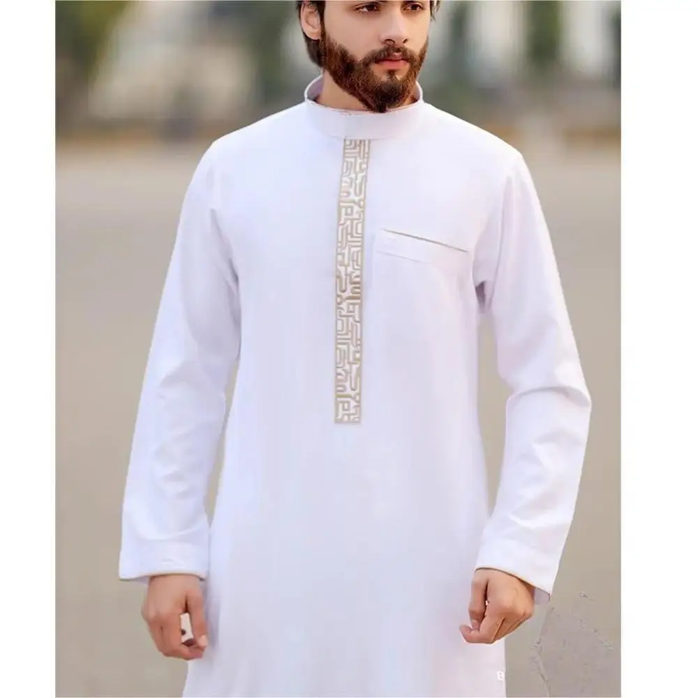 Kaftan Muslim jubah bordir pria, jubah Muslim kerah berdiri Mode Arab Kasual Pria putih Abaya(M-4XL)