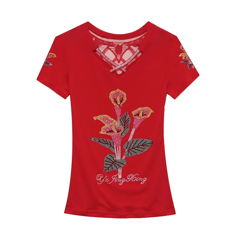 Camada dupla de malha feminina, camiseta sexy com decote em v, tops de flores de diamantes, manga curta, streetwear chique para meninas, verão, luxo, M-3XL