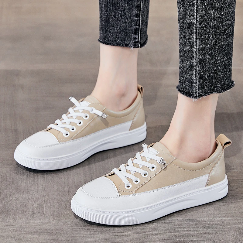 

White Leather Mid Top Sneakers For Women Slip On Design Round Toe Non Slip Flat Sole Casual Shoes With Gray Accent On The Heel V