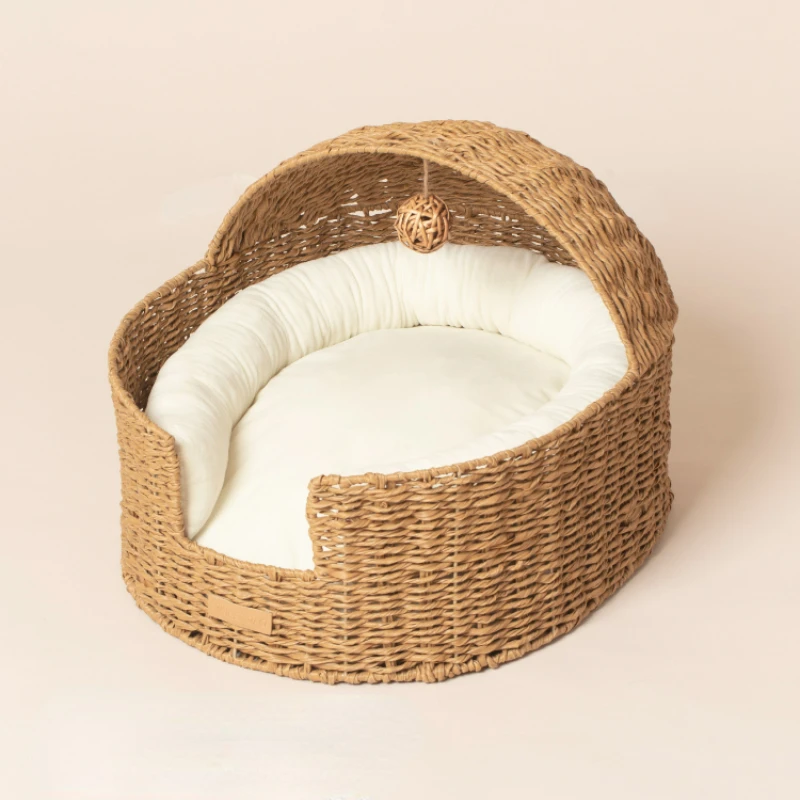 Four Seasons General Purpose Semi-closed Hand-woven Rattan Cat Nest, Cat Beds Woven Cradle, Comfortable Breathable Dog Houses