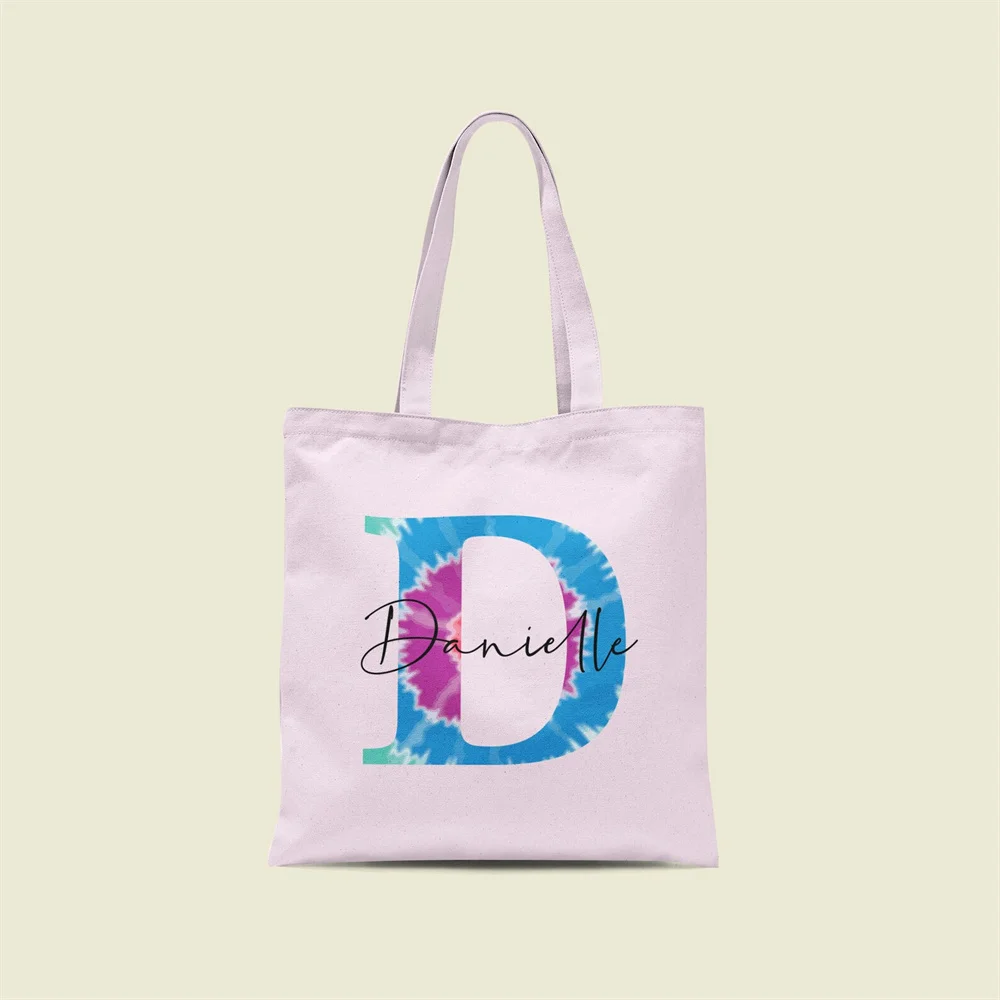 Retro Tie Dye Style Initial Alphabet Letter Personalised Custom Name Reusable Tote Bag Recycle Gift for Her Sister Mum Bride Bir