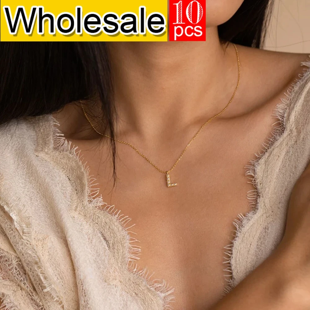 Women's  Stainless Steel Pendant  Necklace 10PCS  Simulated-pearl 26 initial letters Customized Trendy Women's Jewelry Wholesale