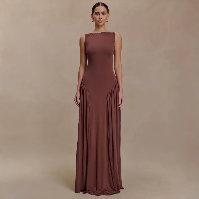 

Twisted Open Back Prom Dress Women Sleeveless Pleated Maxi Dress Brown Women's Casual Dresses For Party Wedding Prom