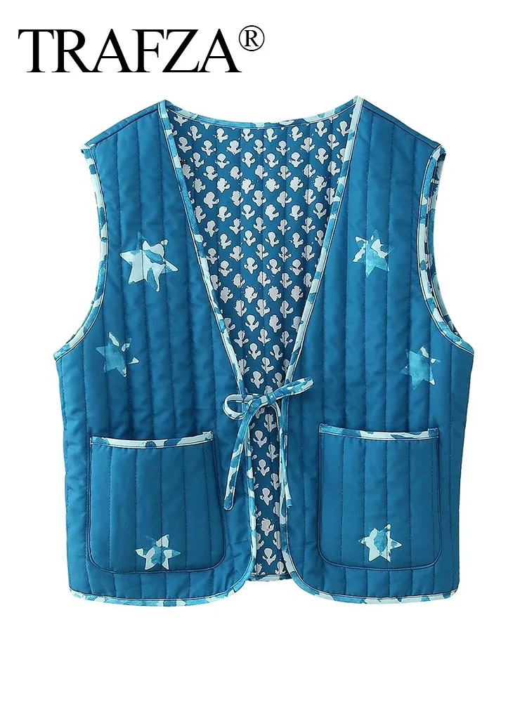 TRAFZA Female Summer New Elegant V-Neck Printing Short Top Women's Reversible Sleeveless Lace-up High Street Cotton Vest Mujer