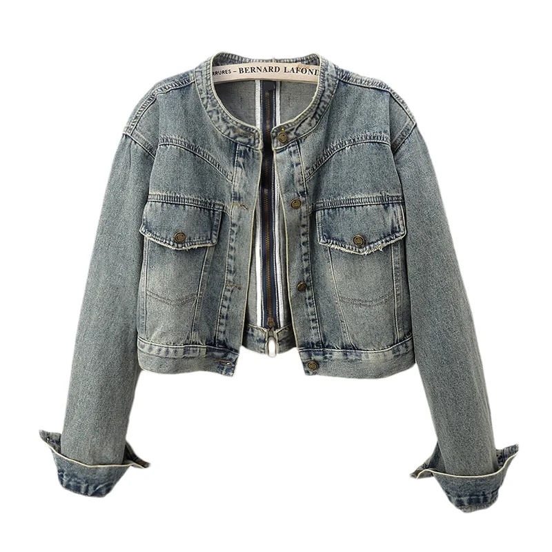 

Vintage Blue Pocket Stand Collar Denim Jacket Women Cowboy Outerwear Chaquetas Mujer Slim Short Back Zipper Jeans Jacket Female