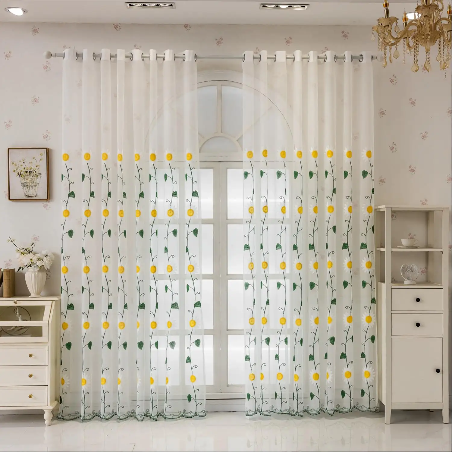 200053   Rural embroidery window screen transparent curtain American green leaf flower hair finished product screen curtain