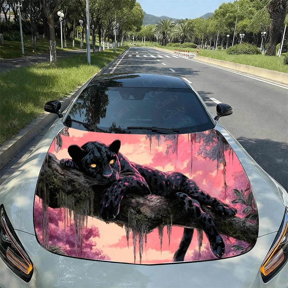 

panther on a branch against a pink sky backdrop.Car Vinyl Wrap, PVC Material Waterproof Car Hood Sticker, Self-Adhesive Scratch